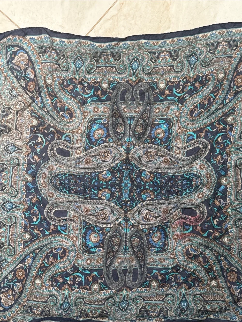 Zara Vintage Navy Paisley Floral Silk Scarf 🧣 with Teal and Tan Accents 25” Sq